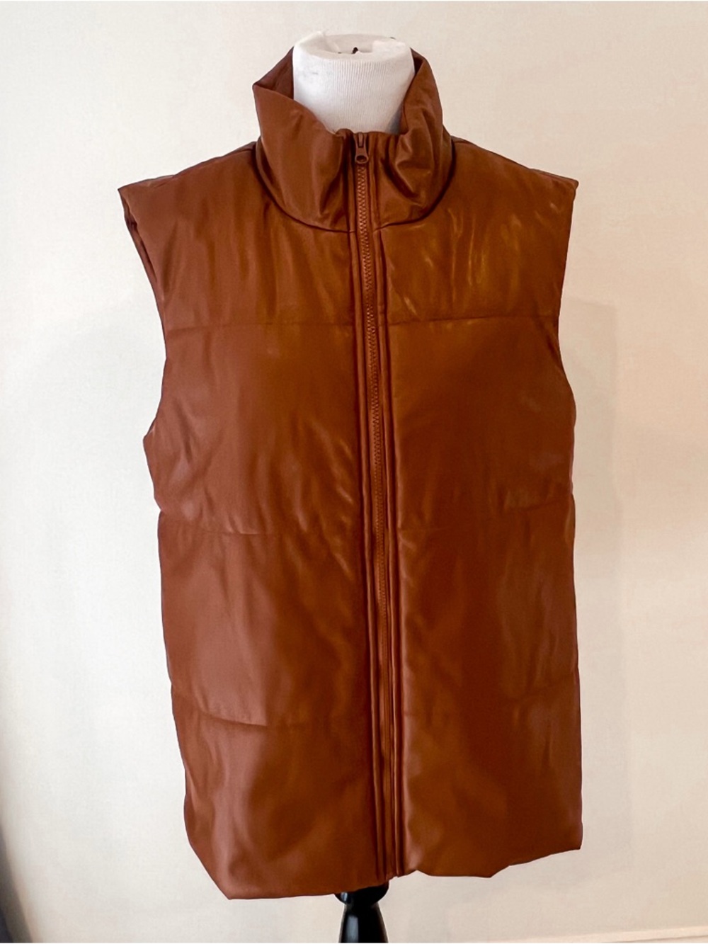 And Now This Brown Faux Leather Full Zip Puffer Vest Womens Sz Medium